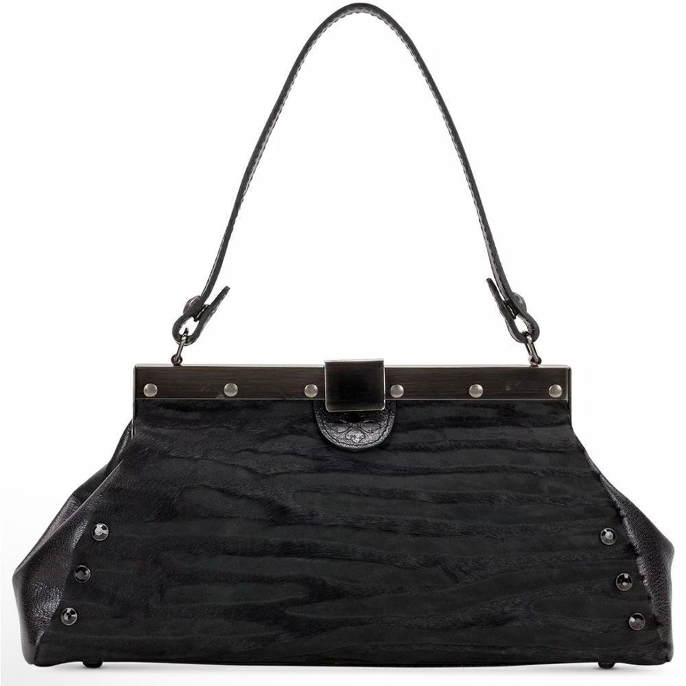 Patricia Nash Black leather & calf hair zebra Stripes silver tone frame Satchel
